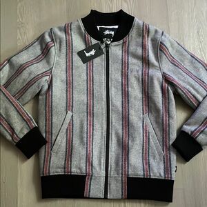 Stussy Gray and Red Striped Bomber Jacket